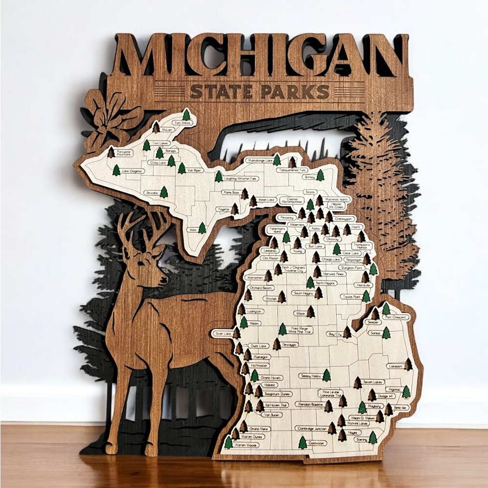 Michigan State Park Map, Personalized Michigan Wooden Travel Map Tracker